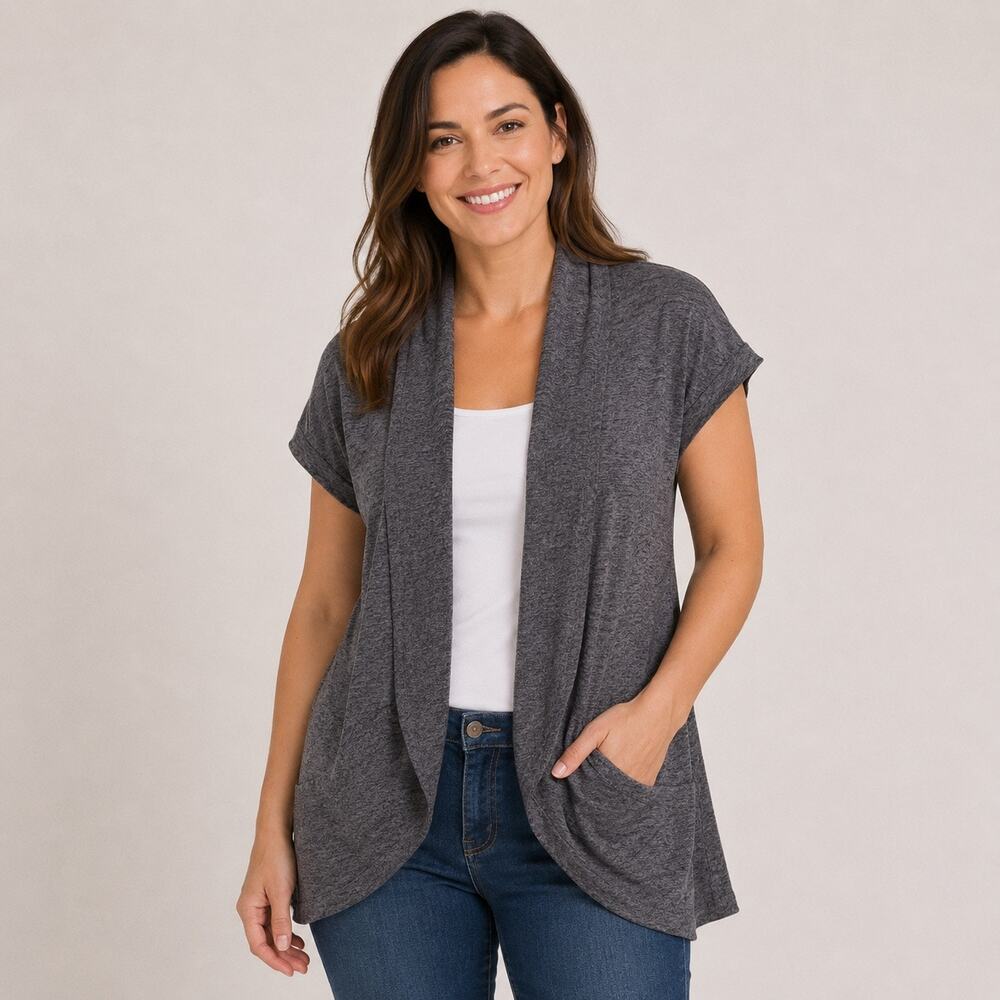 NWD Womens Cardigan Sweater Med Gray Open Front Shawl Collar Short Sleeve Knit
